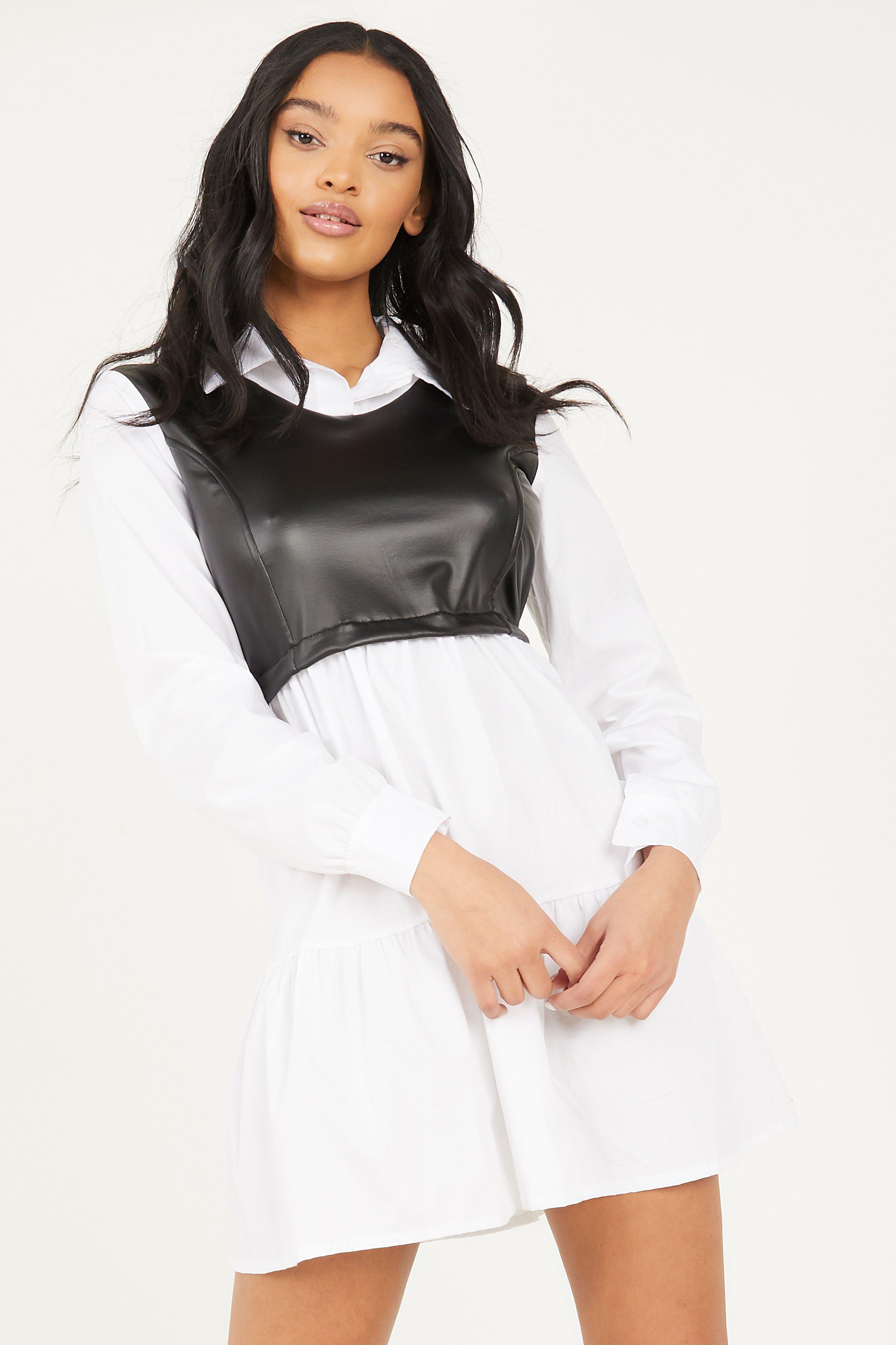 White ☀ Black Faux Leather Shirt Dress ...